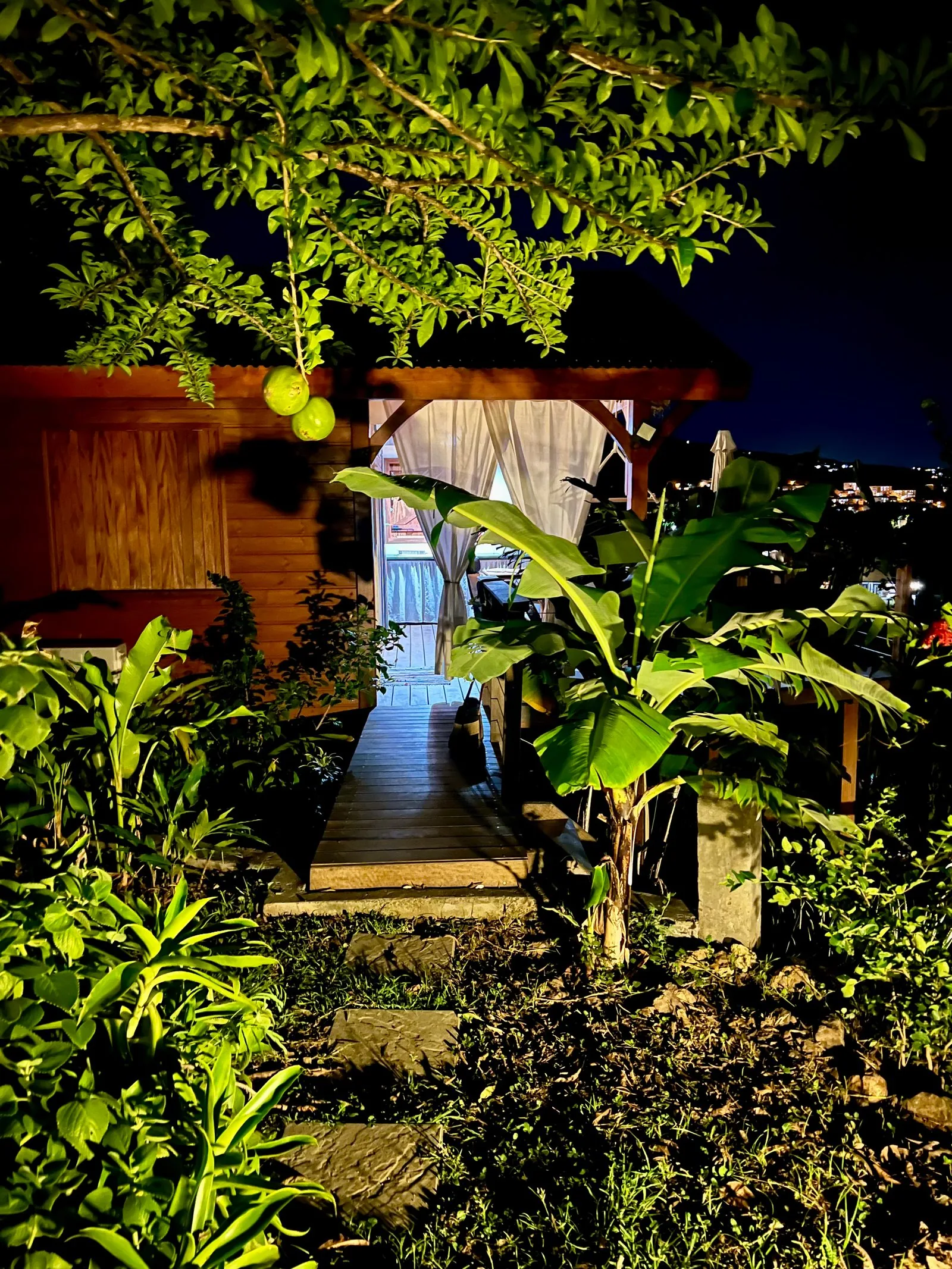 Allée éclairée menant au bungalow à travers le jardin tropical la nuit